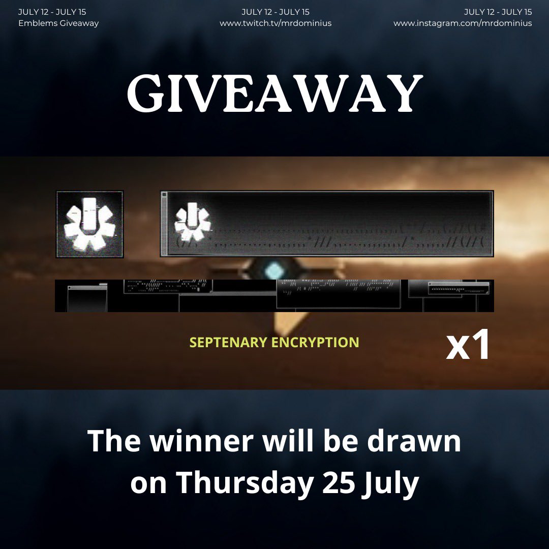 Giveaway 
X1 Septenary Encryption
Follow <a href="/MrDominius/">MrDominius</a> 
Like &amp; RT

The winner will be drawn on Thursday 25 July.

Good Luck!

There will be more Giveaways stay tuned 👀

#Destiny2 #Bungie #bungiecreator