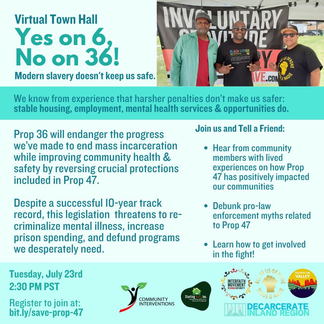 The Moment is Almost Upon Us, it’s still not too late to Register to join at: 
bit.ly/save-prop-47

You don’t want to miss this virtual town hall on #Prop6 and #StopProp36 #EndSlaveryInCa 

See You All There