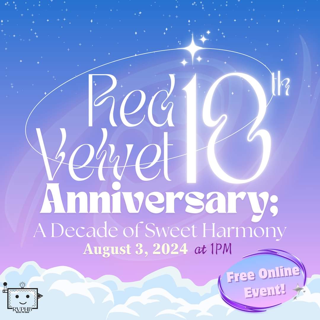 revephbar's tweet photo. 💫𝐑𝐞𝐝 𝐕𝐞𝐥𝐯𝐞𝐭 𝟏𝟎𝐭𝐡 𝐀𝐧𝐧𝐢𝐯𝐞𝐫𝐬𝐚𝐫𝐲: 𝐀 𝐃𝐞𝐜𝐚𝐝𝐞 𝐨𝐟 𝐒𝐰𝐞𝐞𝐭 𝐇𝐚𝐫𝐦𝐨𝐧𝐲 

ONLINE EVENT
🎟️FREE ADMISSION (PH Luvies)
08.03.24 @ 1 PM via Messenger 

🌠Twitter
@revephbar 

🌠Page
https://t.co/BEAzPwBMxb

🌠Group
https://t.co/dNd1bPUUmg

#rv #redvelvet https://t.co/6wOGwBm1sG