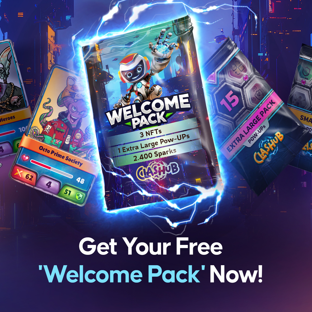 theclashub's tweet photo. Get Your Free 'Welcome Pack' Now! 🚀

Complete the three steps of 'Learning Mode' in Clashub and earn a Welcome Pack. 
This includes 3 NFTs, 1 Extralarge Pow-UP Pack, and 2,400 Spark, worth 435 CLASH.

Join now and claim your rewards! https://t.co/CKu2QhJqnM