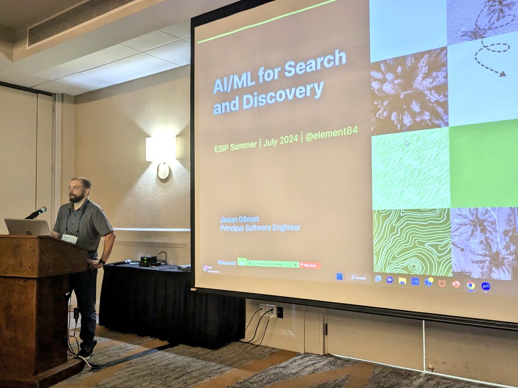 πΌππππππ π·πππππ (@geoskeptic) on Twitter photo First session at #esip, Jason Gilman <a href="/Element84/">Element 84</a> talks about the hype of AI/Ml and it's application to search and discovery of geospatial data First session at #esip, Jason Gilman <a href="/Element84/">Element 84</a> talks about the hype of AI/Ml and it's application to search and discovery of geospatial data