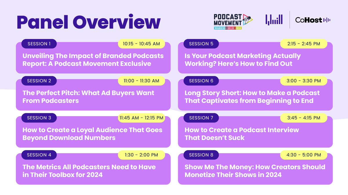 CoHost_'s tweet photo. We're so thrilled to be sponsoring another @PodcastMovement alongside @inc_quill๐
Here's a preview of our 8 sessions featuring some of the best and brightest in audio.
Will we see you there?
#podcastmovement #pm24 #podcastevent https://t.co/O6FUsO5TxX