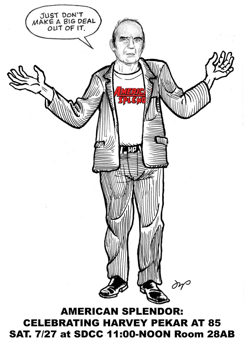 JahFurry's tweet photo. Happy to be hitting #SDCC / @Comic_Con this year!
I’ll be co-moderating (with @DannyFingeroth) a panel in honor #HarveyPekar / #AmericanSplendor. [SAT., 7/27; 11AM; rm28AB] 
PS: invite is genuine dialogue overheard by moi, art by @PekarProject artist Rick Parker, so it’s “canon” https://t.co/DsyvEtBRcW