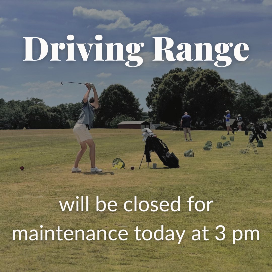 Our driving range will be closed today at 3 PM for routine maintenance and will reopen tomorrow at noon. The course remains open and fully operational. We apologize for any inconvenience and appreciate your understanding. 🏌️‍♂️🏌️‍♀️