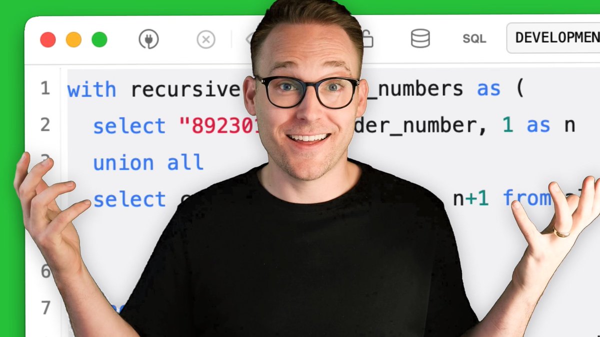 aarondfrancis's tweet image. Watch me use a recursive CTE in SQL to solve an actual business problem.

And here you thought CTEs were just a way to impress your friends! (That's still true)

youtu.be/sf_V8NC58gg