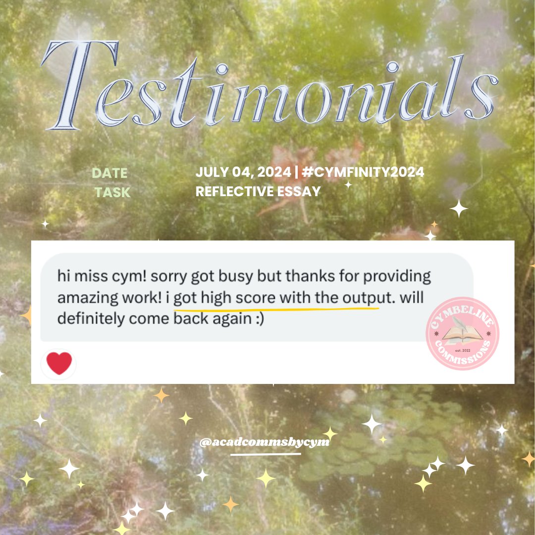 commsbycym's tweet photo. ˗ˏˋ 🧾 ˎˊ˗ : Reflective Essay

Guess who got a high score on their output? 🤭 None other than my generous and kind client who has become my regular throughout their summer classes! Thanks for your unwavering trust, Mx. 🥰✨

#Cymfinity2024 #CymbelineService #commsopen #acadcomms https://t.co/dvJQIrwjuP