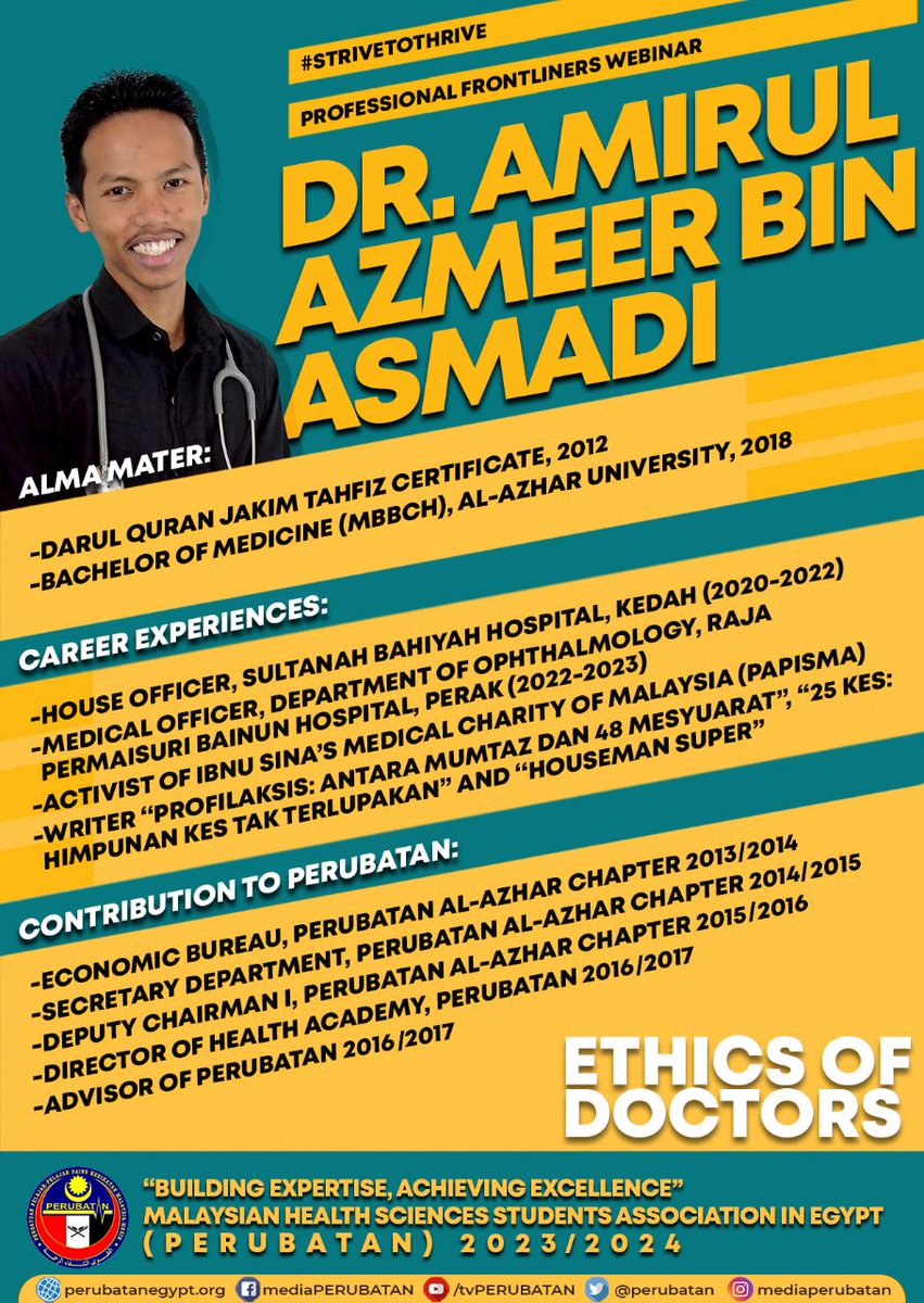 perubatan's tweet photo. [ ETHICS OF DOCTORS | PROFESSIONAL FRONTLINERS WEBINAR ]

Date: 24th July 2024  
Time: 3:00 PM Egypt | 8:00 PM Malaysia  
Platform: Google Meet (Private Group) https://t.co/8nU1EXHawy