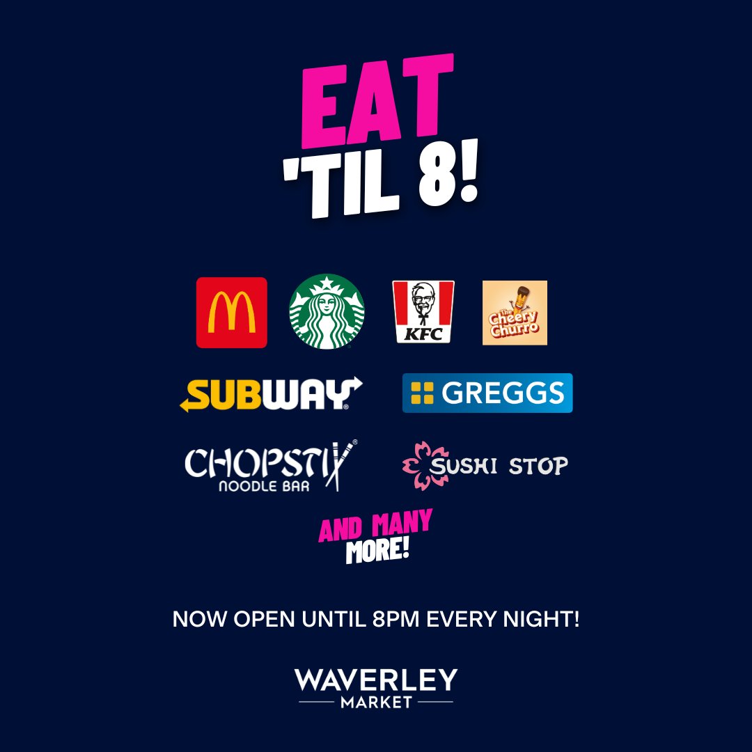 Shop and eat 'til 8pm every night at Waverley Market! 🛍️🍽️ Come enjoy extended hours and make the most of your evenings with us during the Edinburgh Festival period ✨