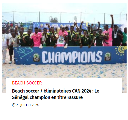 journal_stades's tweet photo. Beach soccer / éliminatoires CAN 2024 : Le Sénégal champion en titre rassure
https://t.co/Hv9ZPTpiDb
#CAF #BeachSoccerWC https://t.co/NPGzmBFwxZ