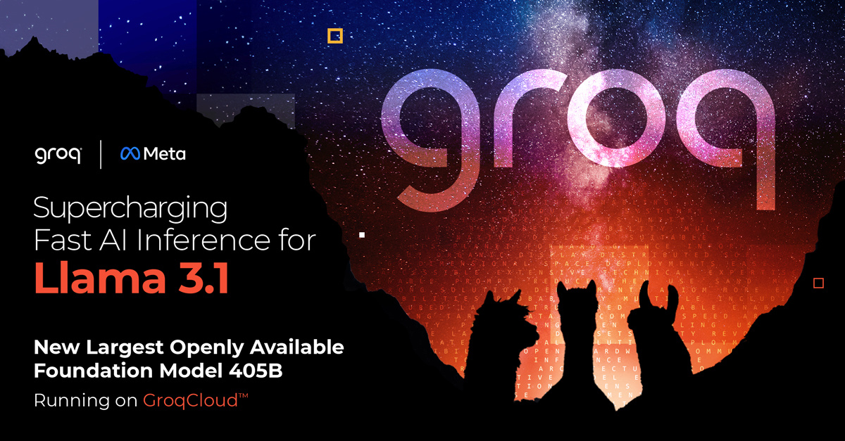 Groq Inc (@groqinc) on Twitter photo The largest openly available foundation model to date, #Llama 3.1 405B by <a href="/AIatMeta/">AI at Meta</a> is available on Groq, alongside the other 3.1 models released today! Get the full story on the model, our speed, and more in our blog hubs.la/Q02HDYHS0
#AI #Meta #Inference #LLM #Llama3 The largest openly available foundation model to date, #Llama 3.1 405B by <a href="/AIatMeta/">AI at Meta</a> is available on Groq, alongside the other 3.1 models released today! Get the full story on the model, our speed, and more in our blog hubs.la/Q02HDYHS0
#AI #Meta #Inference #LLM #Llama3
