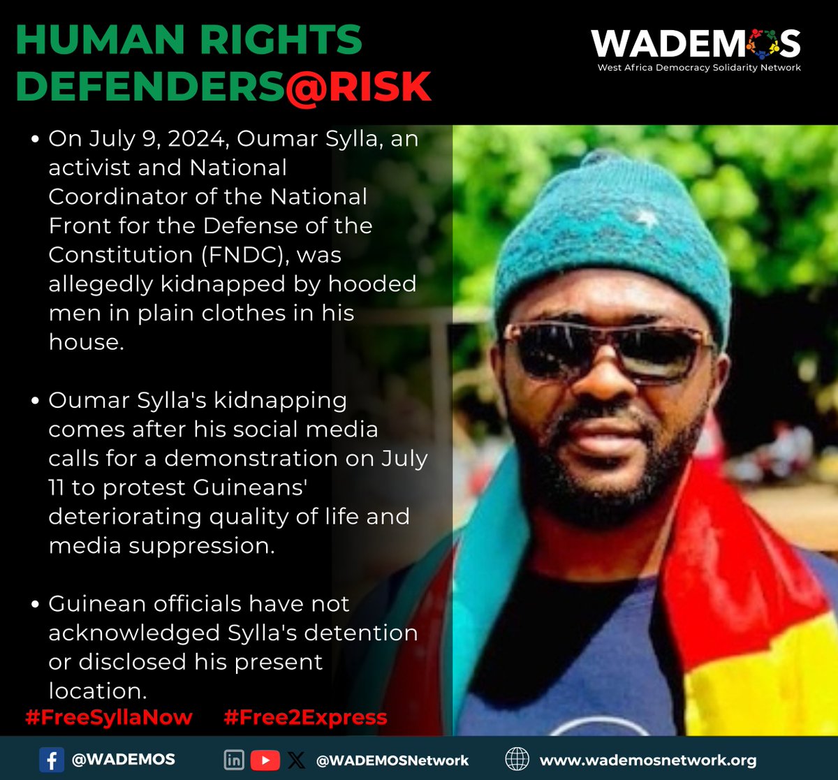 WADEMOSnetwork's tweet photo. 🚨#HumanRightsViolations

The location of Oumar Sylla, alias @FONIKEMENGUE, Coordinator of @FNDC_Gn, is still unknown after he was picked up in his house for being critical of the regime. Everyone should be #Free2Express themselves. 

Read more: https://t.co/KygXL76Vnn https://t.co/zPalvxPwH5