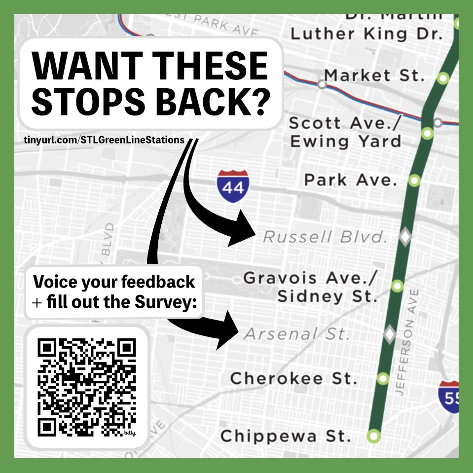 VOICE YOUR FEEDBACK 🗣️

Bi-State's revised plan for the Green Line MetroLink light rail up Jefferson has stops at Russell (in McKinley Heights) and Arsenal (right by Benton Park) as "under evaluation"—fill out <a href="/AlderSonnier/">Alderwoman Alisha Sonnier</a>'s survey if you want them back!

tinyurl.com/STLGreenLineSt…