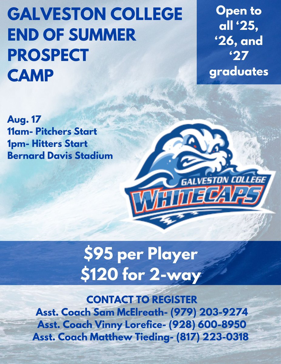 WhitecapBseball's tweet image. 🌊End of Summer Prospect Camp🌊

Come showcase your skills in front of the Galveston baseball coaching staff!!

Registration and contact information is listed below!

#IslandBoys