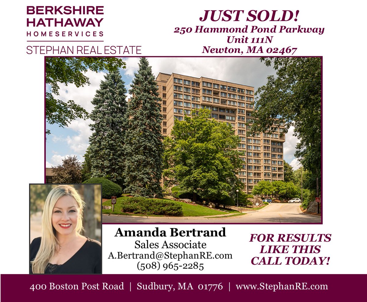 StephanRealtors's tweet photo. JUST SOLD! Congratulations to the buyers of 250 Hammond Pond Parkway Unit 111N. For Results Like This Call Today!
#justsold #maynardma #calltoday #bhhsstephanre #bhhsstephanrealestate #stephanre #stephanrealestate #sudburyma https://t.co/lNCdFwXuWN