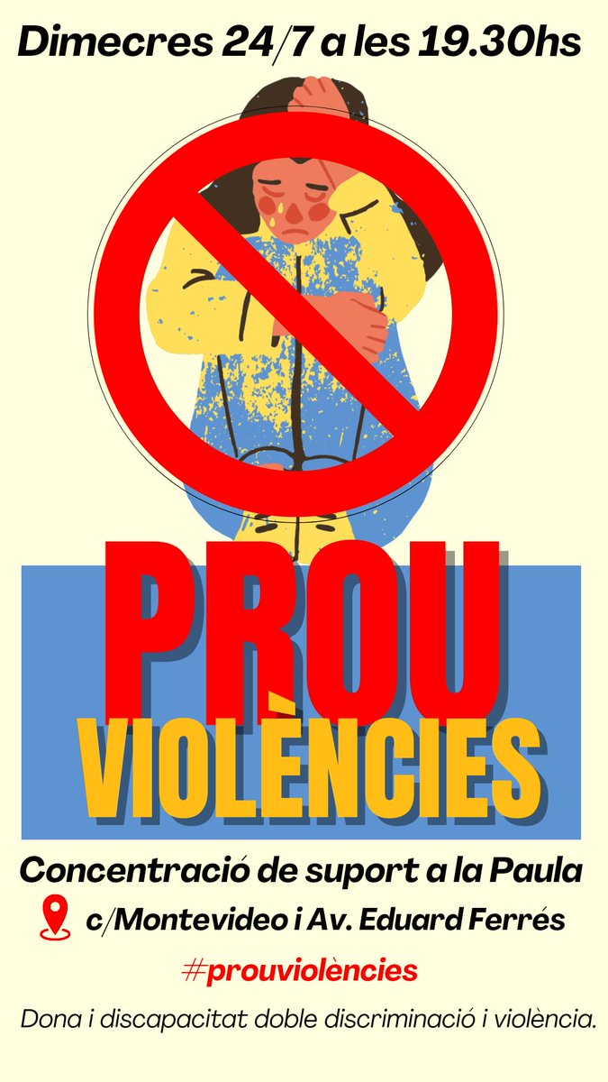 La Paula és una noia amb discapacitat de #VilassardeMar que està patint un continu assetjament que la fa tenir por de desplaçar-se per una zona del poble. 
Estem davant d'un clar cas de doble #opressió i #violència, per la #discapacitat i per ser #dona. 
Diem #prou!!