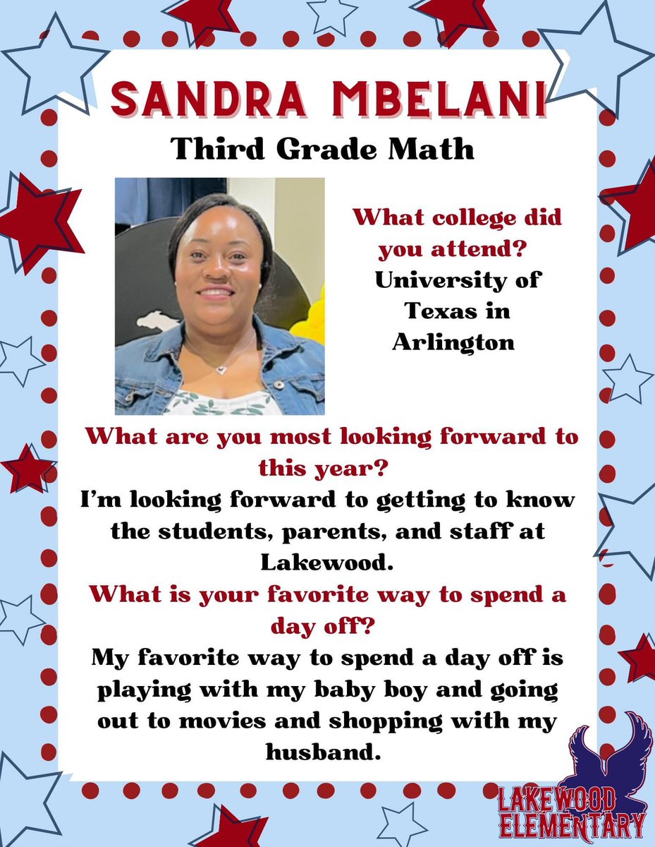 Help us welcome one of our new Lakewood Eagles, Mrs. Mbelani, who will be teaching 3rd grade math this year!! <a href="/hebisd/">HEB ISD</a> <a href="/HEBISDpeople/">HEB ISD People</a>