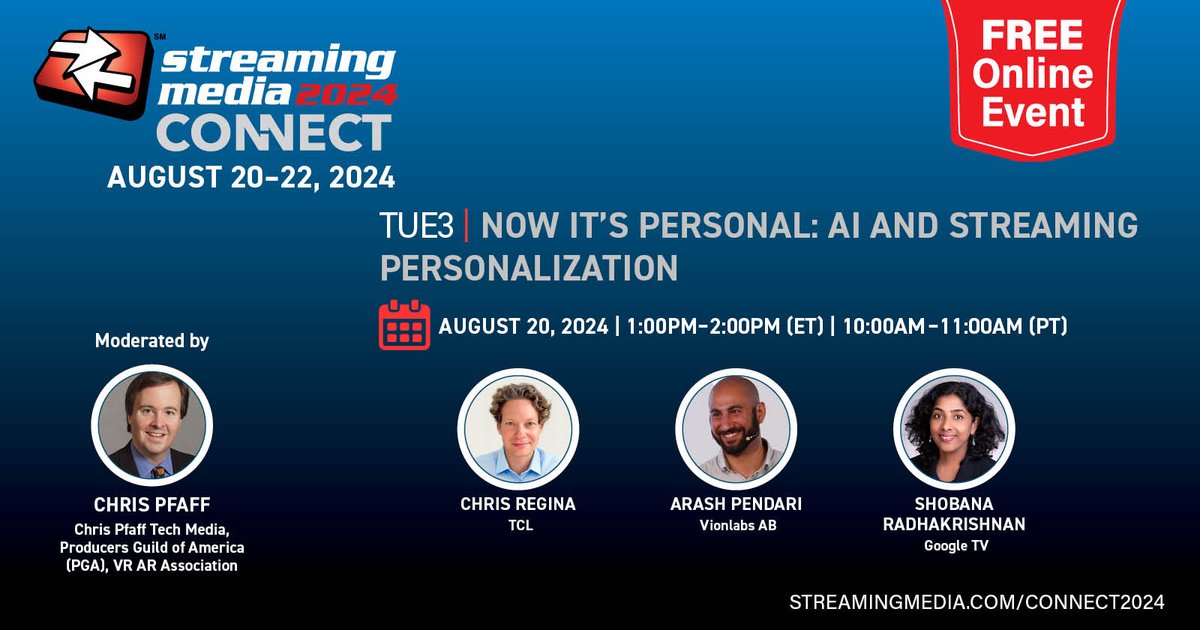 Don't miss this online at #StreamingConnect on AI and Streaming Personalization from speakers Chris Regina, <a href="/TCL_USA/">TCL USA</a>, Arash Pendari, <a href="/Vionlabs/">Vionlabs</a>, and Shobana Radhakrishnan, <a href="/GoogleTv/">TV Google</a>. Register now for FREE! secure.infotoday.com/RegForms/Strea…