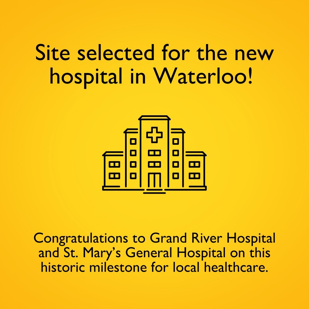 The new, state-of-the-art hospital will be at <a href="/UWaterloo/">University of Waterloo</a>. Congrats to <a href="/grhospitalkw/">Grand River Hospital</a> and <a href="/StMarysGenHosp/">St. Mary's Hospital</a> on this huge milestone for local healthcare 🙌

We will continue to support the new hospital throughout the planning process

Full release here: bit.ly/3WBAIMl