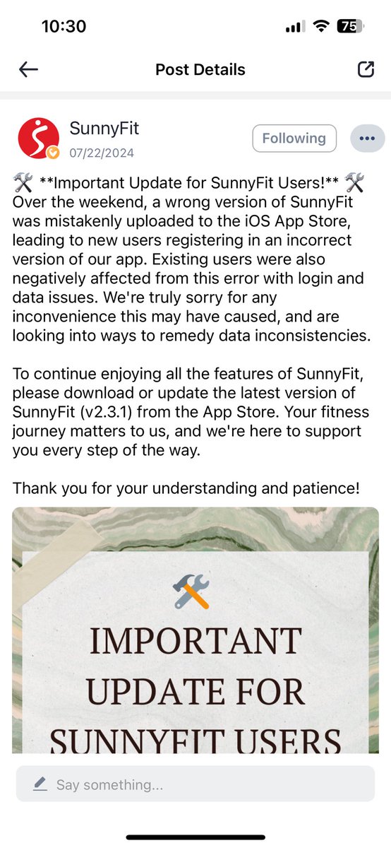 AWifeyMedic's tweet photo. @SunnyHealthFit @stelladeecoder Can now log in. I saw this post on your platform. (picture) Thank you for your transparency on this matter! It helps bolster trust when you acknowledge the issue rather than pretend that it didn’t happen. It shows the integrity of the company. Thank you! https://t.co/bQdBoKKWpt