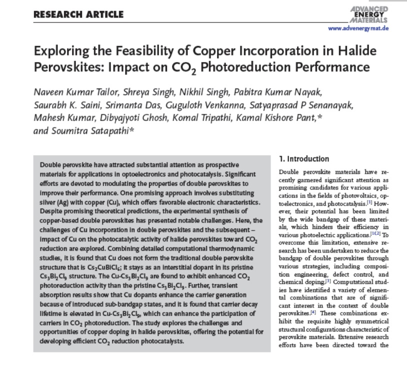 soumitrasatapa2's tweet photo. Double halide perovskite  can be a potential candidate for artificial photosynthesis! In an interesting work, we have shown that The Cu doped double halide Cs3Bi2Cl9 perovskite show enhanced CO2 photoreduction activity. Check our recent paper in Advanced Energy Materials! https://t.co/Io8KHQSo0V