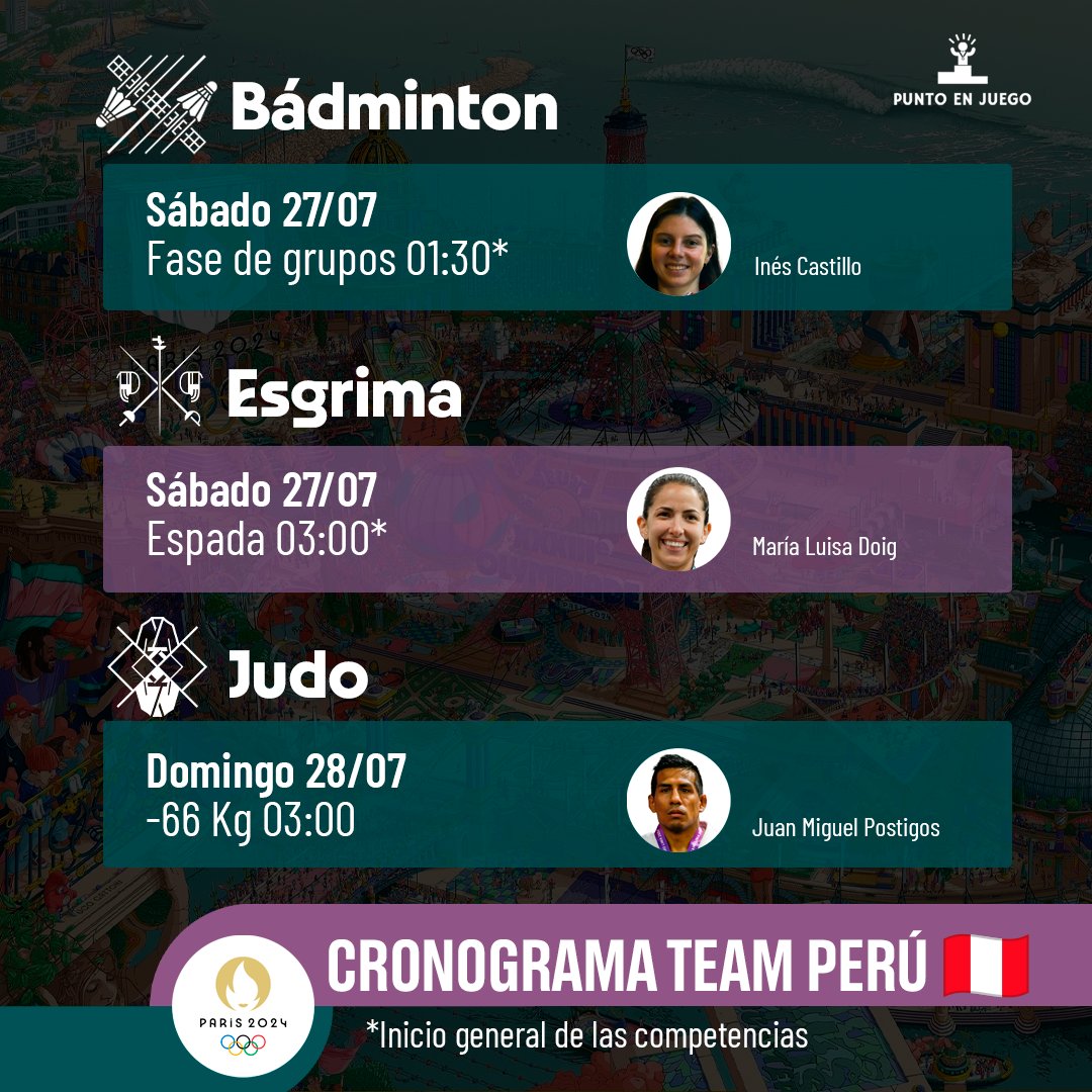 PuntoEnJuego's tweet photo. Esta es la pregunta que más nos hicieron. ¡Toma nota! Estos son los horarios de participación del #TeamPerú en #París2024. La participación peruana inicia el sábado 27 con las actuaciones de Adriana Sanguineti y Malú Doig.

¿Por quién vas a madrugar de todas maneras? 
#VamosPerú https://t.co/k1YIKgj3BJ