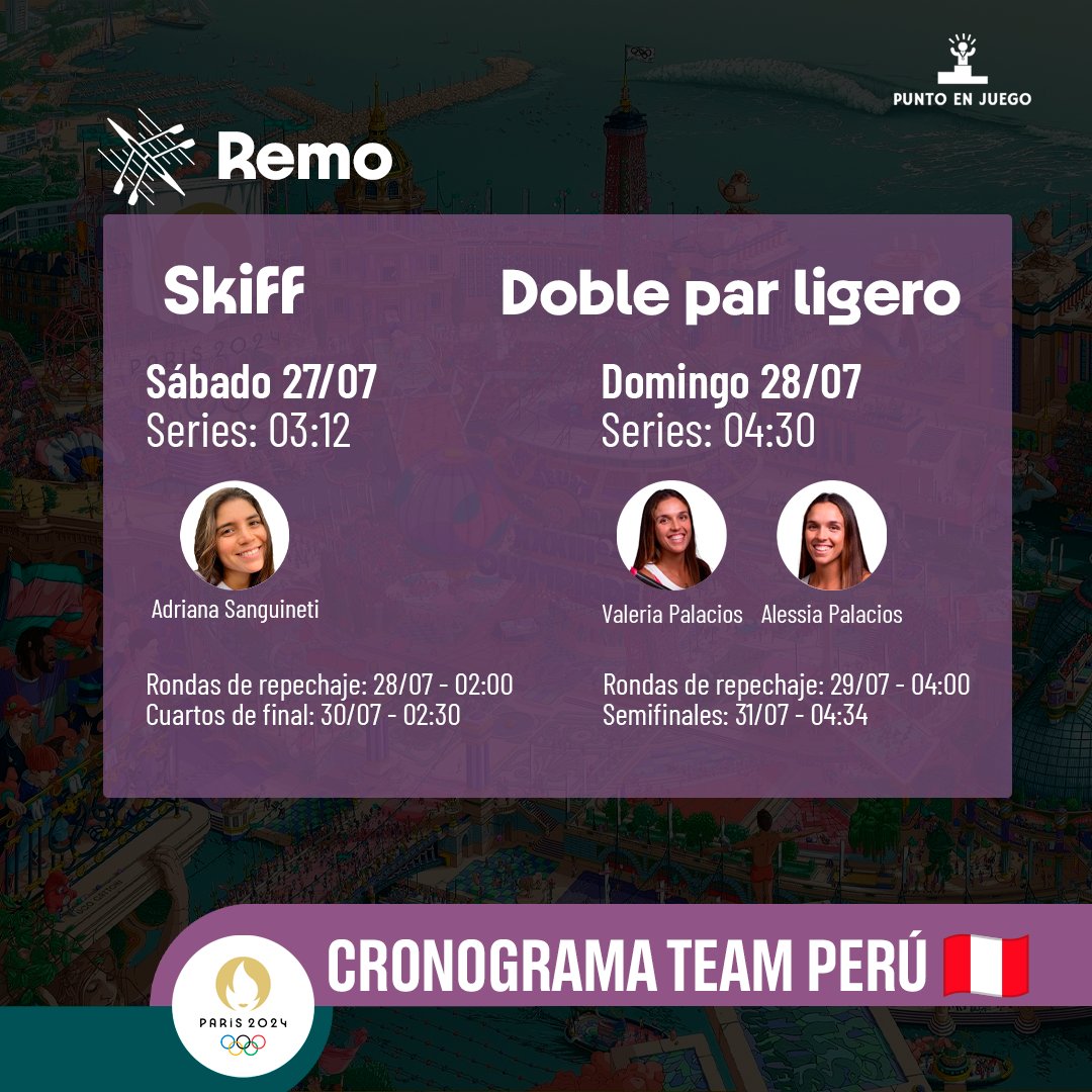 PuntoEnJuego's tweet photo. Esta es la pregunta que más nos hicieron. ¡Toma nota! Estos son los horarios de participación del #TeamPerú en #París2024. La participación peruana inicia el sábado 27 con las actuaciones de Adriana Sanguineti y Malú Doig.

¿Por quién vas a madrugar de todas maneras? 
#VamosPerú https://t.co/k1YIKgj3BJ