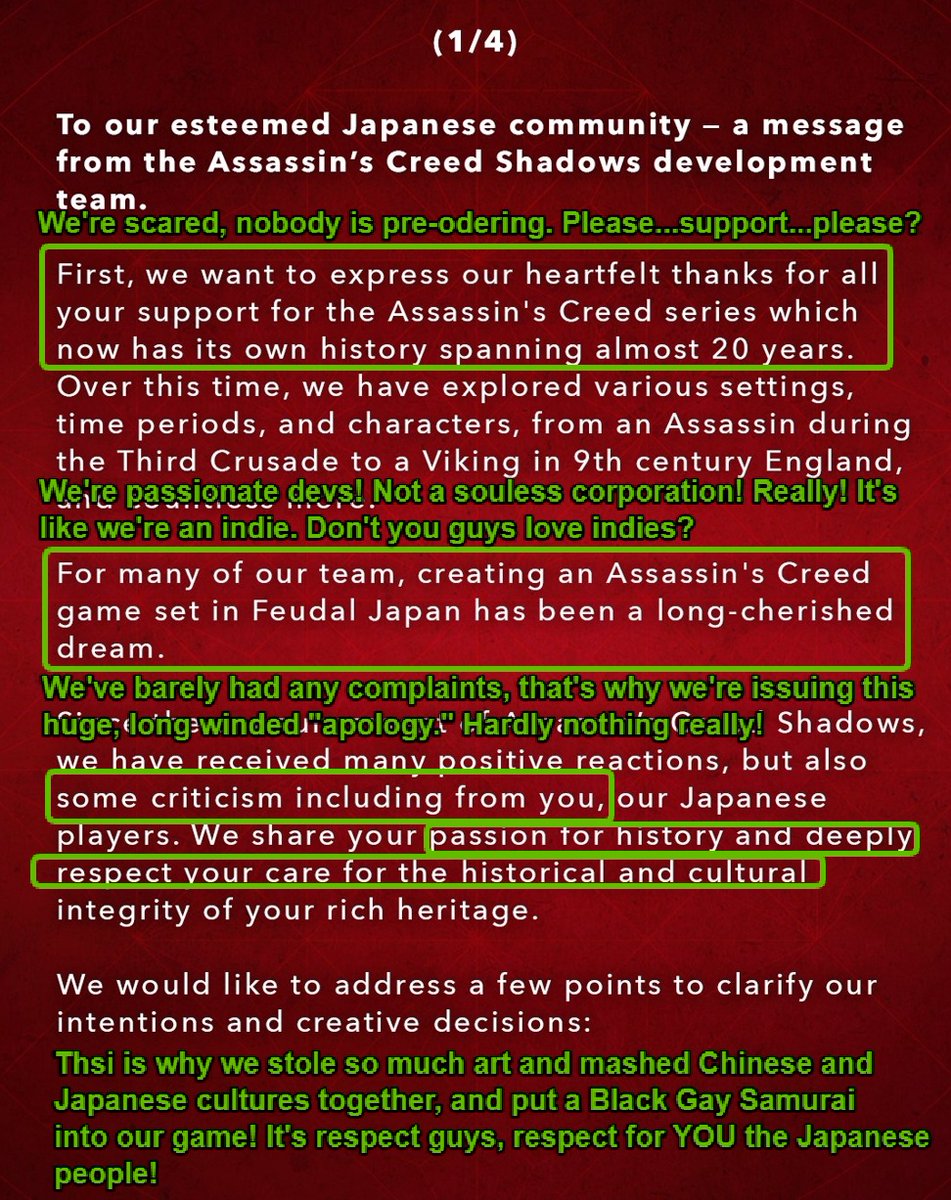 Grummz's tweet photo. I started out writing a long, thoughtful rebuttal to the Assassin's Creed Shadow's "apology" statement.

Then I remembered this is the Internet. Instead, since I speak AAA corporate speak, this is my translation for you of @Ubisoft's statement. https://t.co/aKB4NMGEJa