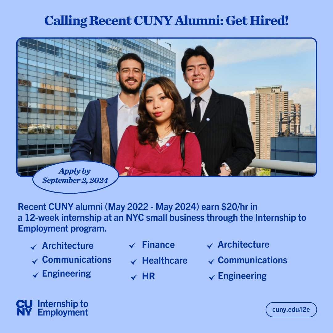 Brooklyn College (@bklyncollege411) on Twitter photo ๐ฅ Kickstart your career with <a href="/CUNY/">The City University of New York</a>'s Internship to Employment program! Secure valuable internships that can lead to full-time jobs.
๐ Apply now! cuny.edu/i2e ๐ฅ Kickstart your career with <a href="/CUNY/">The City University of New York</a>'s Internship to Employment program! Secure valuable internships that can lead to full-time jobs.
๐ Apply now! cuny.edu/i2e