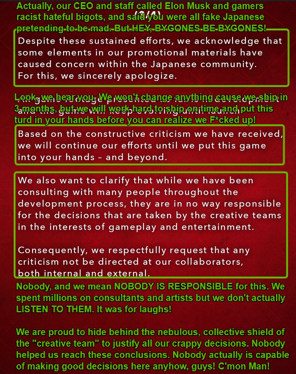 Grummz's tweet photo. I started out writing a long, thoughtful rebuttal to the Assassin's Creed Shadow's "apology" statement.

Then I remembered this is the Internet. Instead, since I speak AAA corporate speak, this is my translation for you of @Ubisoft's statement. https://t.co/aKB4NMGEJa