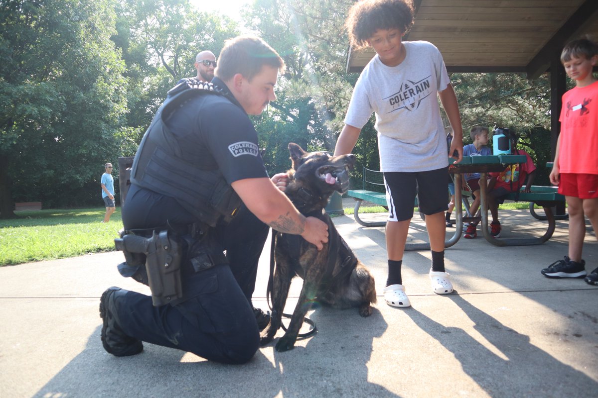 ColerainPolice's tweet photo. This week at Summer Camp, kids got to meet K9 Ghost!
Ghost and his handler did an amazing job teaching kids about what a #K9 does, how they catch bad guys and even did a fun demonstration of tracking! Thank you for connecting with kids at Summer Camp, Officer Morris and K9 Ghost! https://t.co/ROveyJfWE1