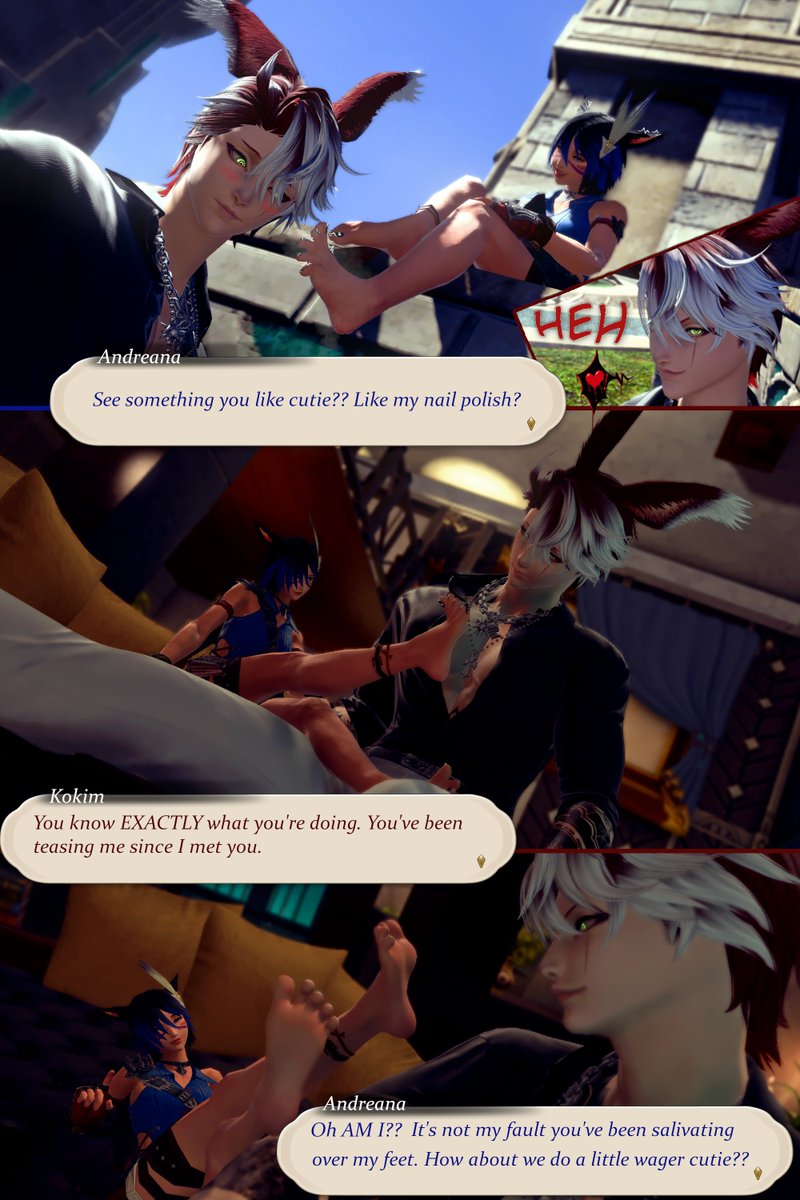TheCrimsonBun's tweet photo. over a couple days this teasing Miqo kept coming over and teasing me. Eventually we decided to make a little bargain. We both got what we wanted~
w/@AndreanaFFXIV ❤️🤍💙🖤
Feet enjoyers are EATING with this one.
Pt.1/2 https://t.co/94VXBWx2sT