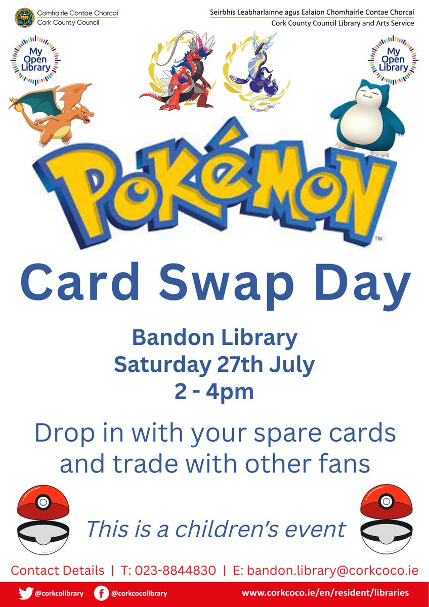 corkcolibrary's tweet image. Pokemon Card Swap Day is back in Bandon Library this Saturday, July 27th, from 2 – 4pm. You don’t want to miss it! 🤩🥸👏
#bandonlibrary
#WhatLibrariesDo

@BandonFamilyCentre
@bandonplaypark  
@Corkcoco 
@LibrariesIre
