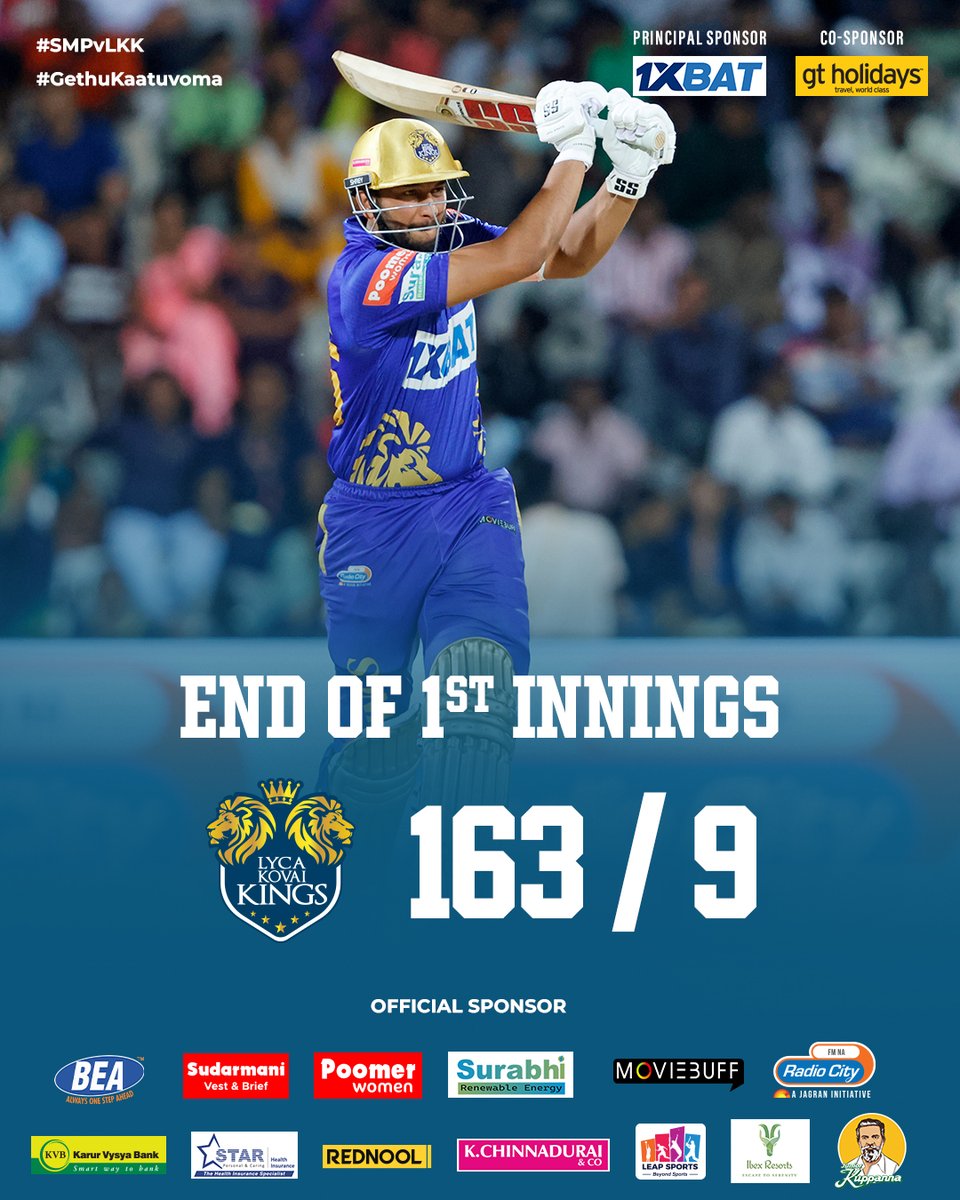 LycaKovaiKings's tweet photo. The Kings have set a challenging target. 🔥 Time for the bowlers to rise and seal the victory! 🏏👑
#LycaKovaiKings 👑 #LKK #GethuKaatuvoma #TNPL 🏏 #TNPL2024 #SMPvsLKK https://t.co/K2ANOlkem7