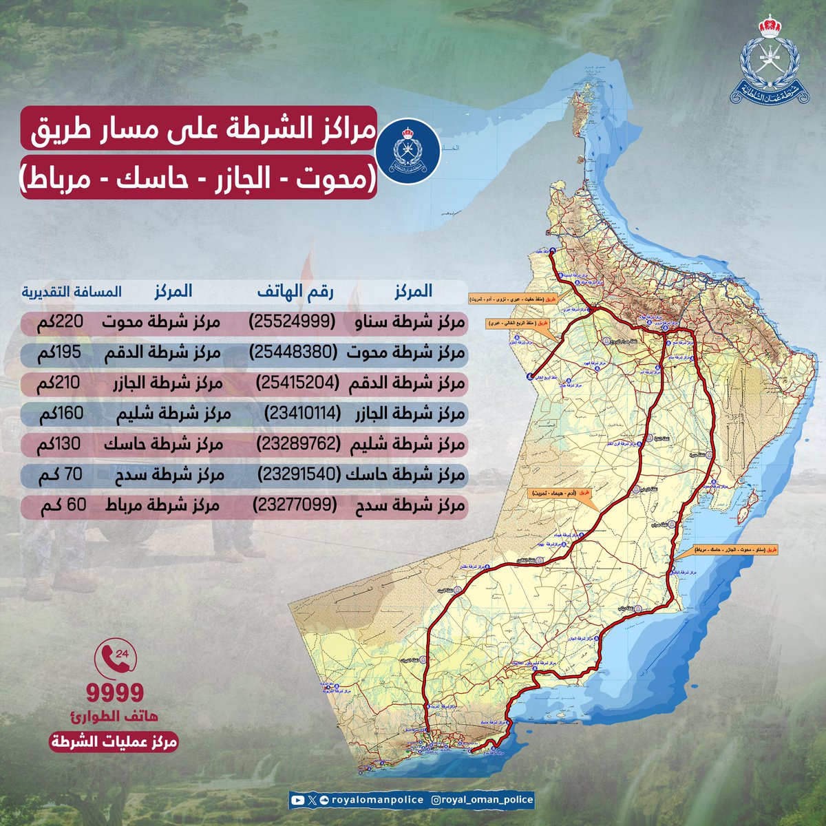 RoyalOmanPolice's tweet photo. من أجل رحلةٍ آمنه .. قُم باختيار مسارك الأقرب إلى محافظة ظفار من خلال مسح رمز الاستجابة السريع "QR code".
واحتفظ بأرقام النقاط الأمنية المنتشرة على طول المسارات الموضحة في المنشورات المرفقة،، نرجو لكم السلامة.
#شرطة_عمان_السلطانية https://t.co/Q5nt0l0Cnm