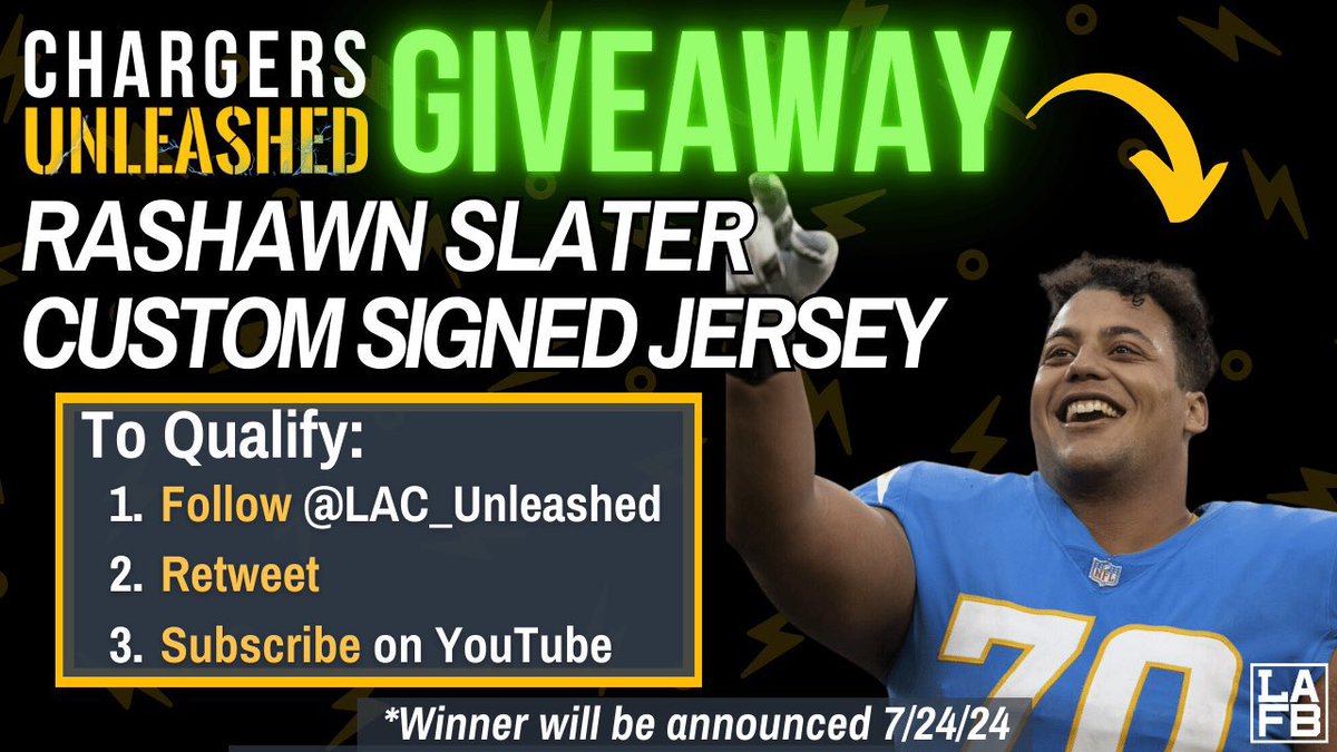 LAC_Unleashed's tweet photo. ONE DAY REMAINING!

Enter to win a custom signed #Chargers RASHAWN SLATER jersey! 

TO QUALIFY:
1) RT &amp; follow
2) Subscribe on our YouTube channel 
3) Reply with sub screenshot 

#BoltUp https://t.co/04kddITdF5