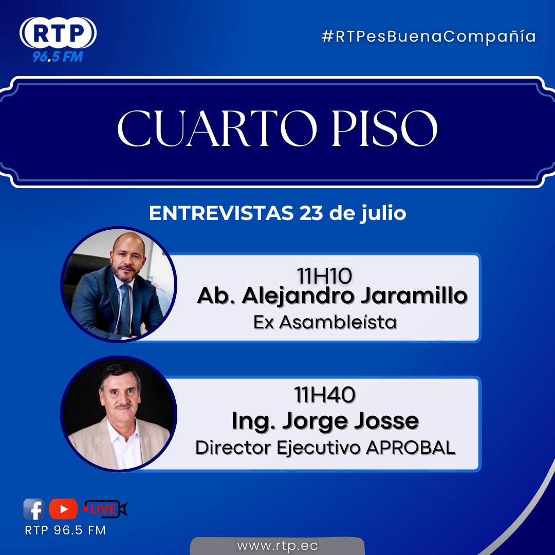 Cuarto Piso 🔑📻 - 11:00 A.M.
Junto a <a href="/fernanperrone/">Maria Fernanda Perrone</a> y <a href="/dometabacchi/">Doménica Tabacchi</a> 

📅 Agenda de Invitados - 23 de julio 

🕚 11:10 A.M.
Ab. Alejandro Jaramillo
<a href="/JaramilloG_A/">Alejandro Jaramillo Gómez</a>
⚖️ Ex Asambleísta
🔹 Coyuntura legislativa.

🕦 11:40 A.M.
Ing. Jorge Josse
<a href="/AprobalEc/">Aprobal</a>
🌾 Director Ejecutivo de