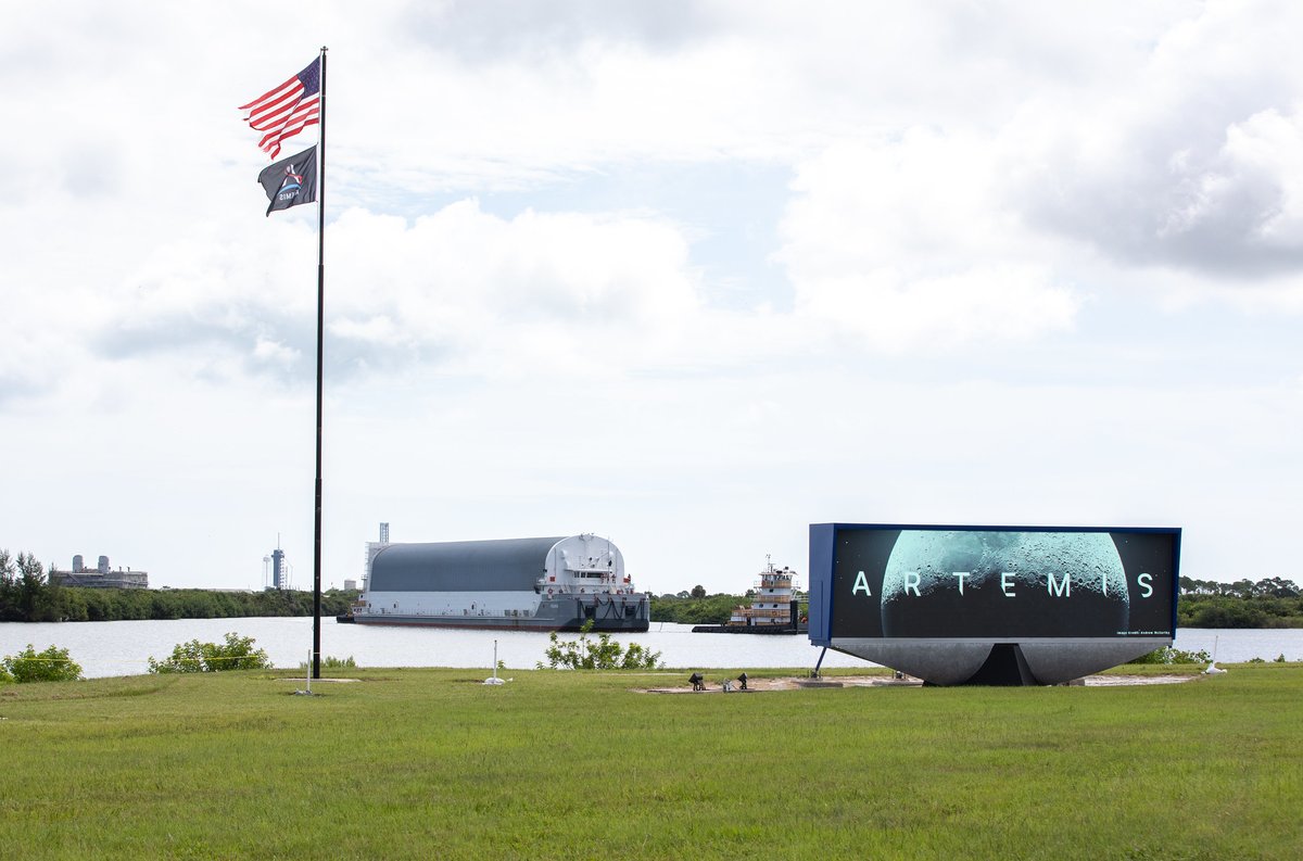 NASAKennedy's tweet photo. Just barging in 🚢

@NASA’s Pegasus barge, with the @NASA_SLS core stage for #Artemis II onboard, has arrived at Kennedy!

Up next, @NASAGroundSys teams will offload the 212-foot-tall core stage and take it into the Vehicle Assembly Building: https://t.co/pBzaBWH6gB https://t.co/0DGKvV5Cll