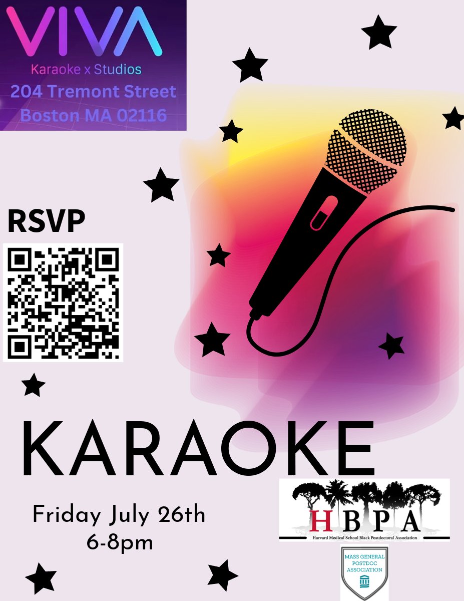 Mass General Postdoc Association (@massgpa) on Twitter photo We thank <a href="/HMSBPA/">HMS Black Postdoctoral Association</a> for this great collaboration! Looking forward to it!
HBPA-MGPDA Joint Social @ Viva Karaoke on Fri, 07/26- 6-8pm
docs.google.com/forms/d/e/1FAI… We thank <a href="/HMSBPA/">HMS Black Postdoctoral Association</a> for this great collaboration! Looking forward to it!
HBPA-MGPDA Joint Social @ Viva Karaoke on Fri, 07/26- 6-8pm
docs.google.com/forms/d/e/1FAI…