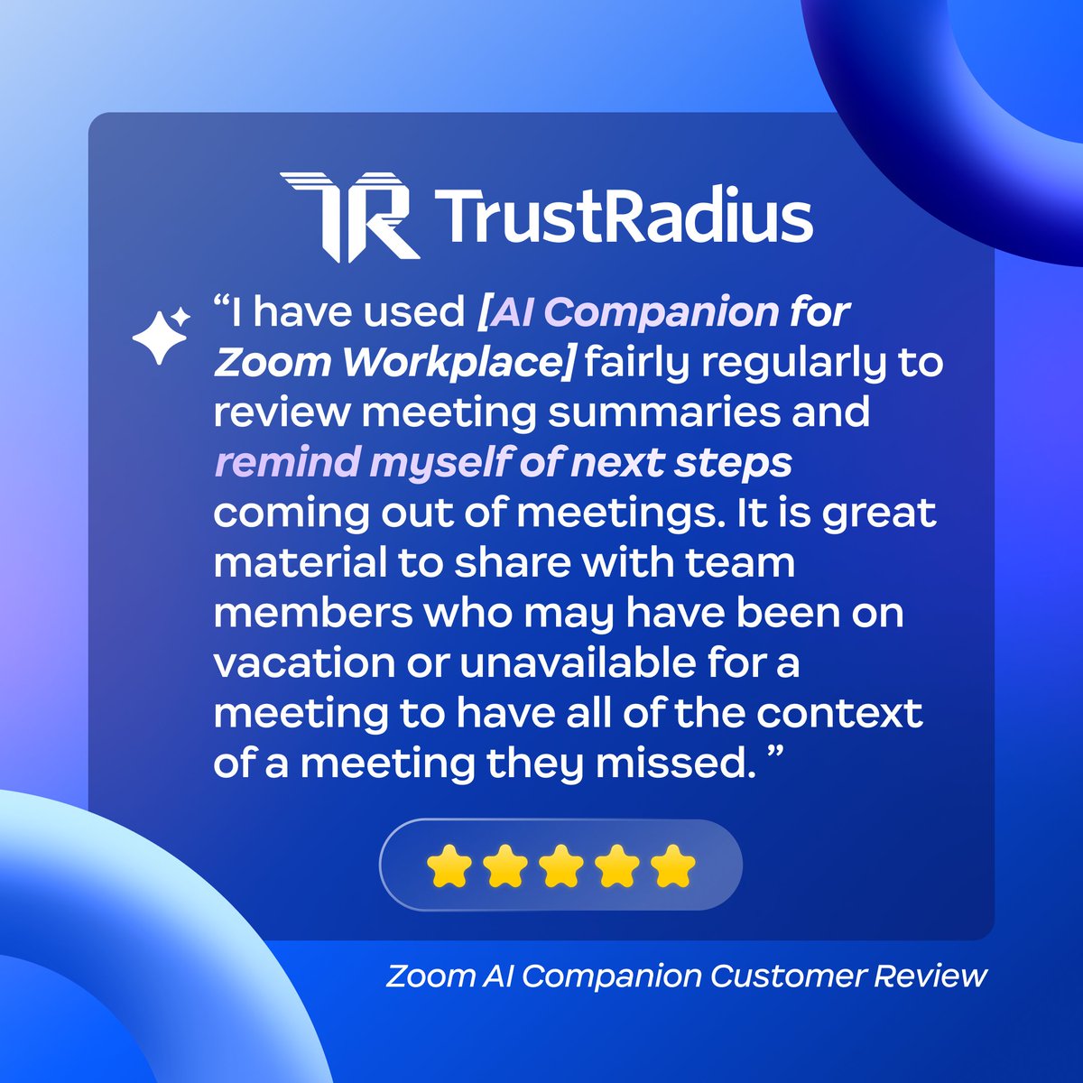 Summer vacation doesn’t have to mean a stressful week of playing catch-up 🏖️

Let Zoom AI Companion do the heavy lifting, and never wonder what you missed in those meetings ✨

Read more Zoom Workplace reviews from <a href="/trustradius/">TrustRadius</a> here 👉 zm.me/4dau4ly