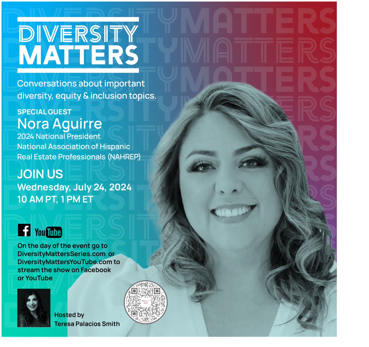 As you all know, one of the biggest privileges in my life was to serve as National President for NAHREP and tomorrow I get the chance to interview Nora Aguirre, the 2024 National President for NAHREP on Diversity MATTERS!
