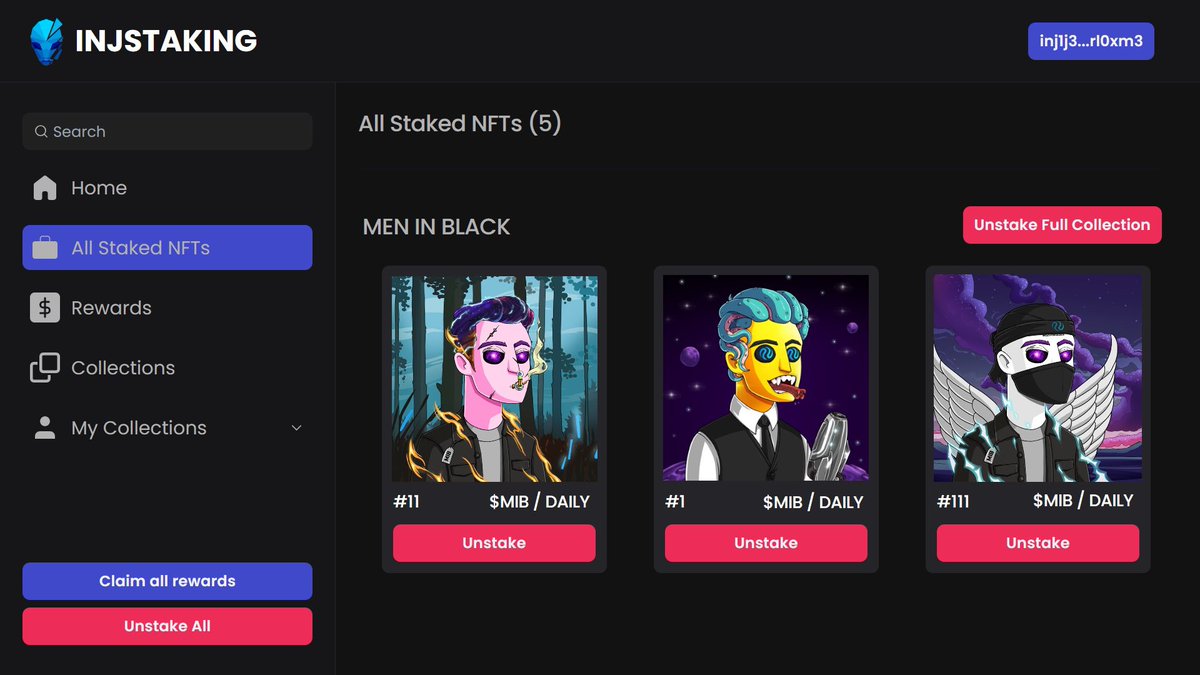 Injstaking.io (@injstaking) on Twitter photo You are now earning daily $MIB tokens when you stake your <a href="/MeninblackINJ/">Men In Black</a> NFTs! πΈ
Rewards started today!
Stake your $INJ NFTs at Injstaking.io You are now earning daily $MIB tokens when you stake your <a href="/MeninblackINJ/">Men In Black</a> NFTs! πΈ
Rewards started today!
Stake your $INJ NFTs at Injstaking.io