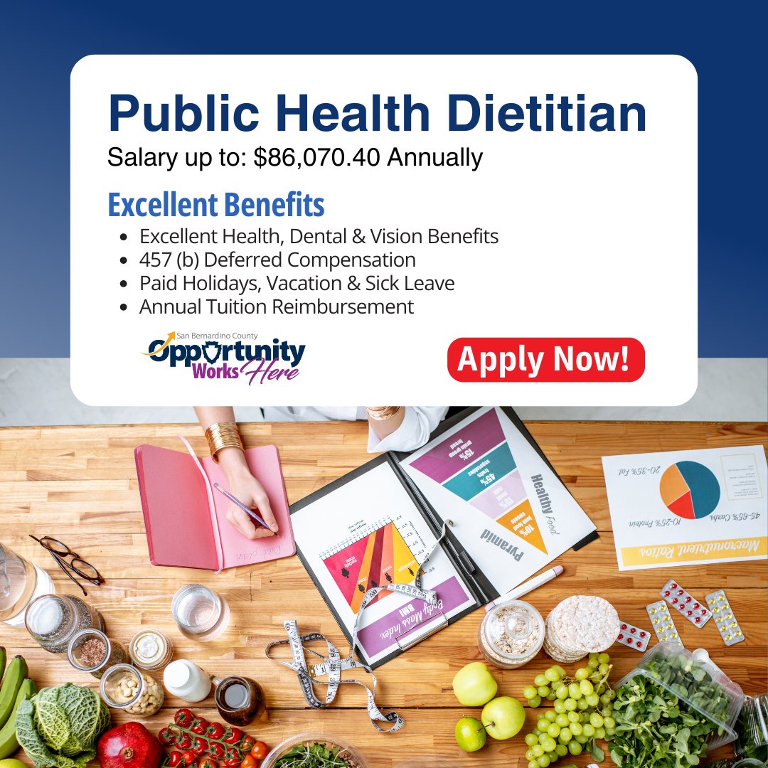 sbcountycareers's tweet image. We're hiring Public Health Dietitians! Develop and implement community nutrition programs with San Bernardino County. 

Join our team today! bit.ly/4d4yASn  

#PublicHealthJobs #Dietitian #NutritionPrograms #OpportunityWorksHere