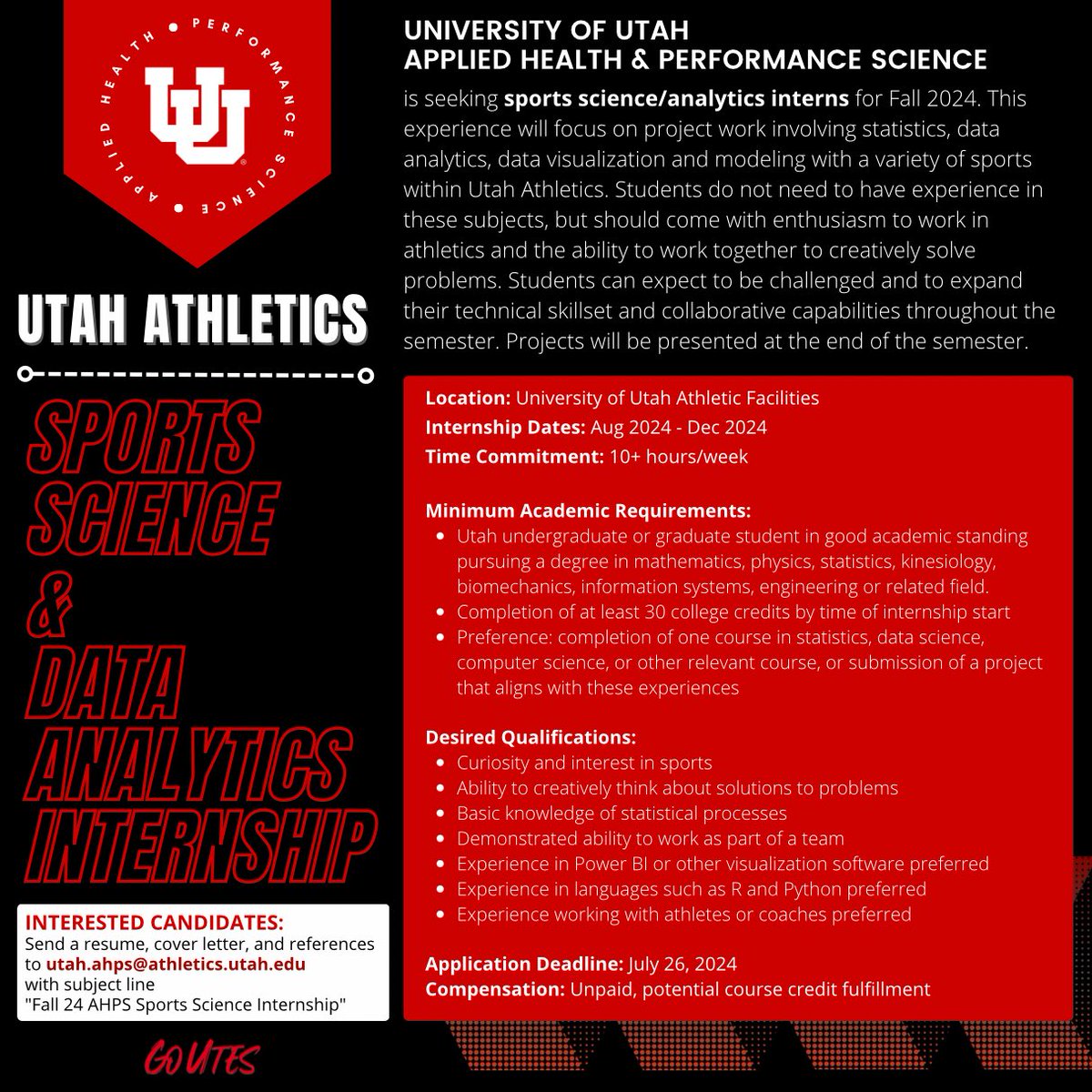 Join our squad this fall! Only a few days left to apply to our sports science internship. More details 👇