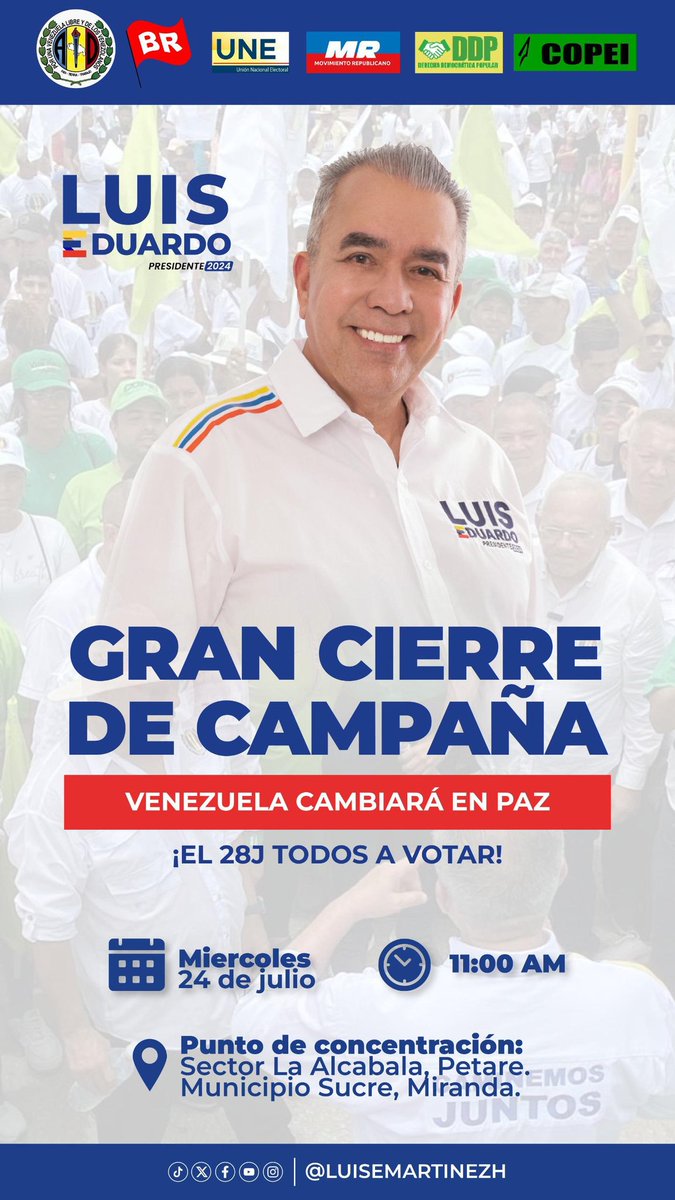 abetancourts's tweet photo. @profytecad @abetancourts @ADVenezuelaa : Invitamos al Gran Cierre de Campaña de nuestro Candidato Presidencial de #AD @Luisemartinezh este Miércoles 24/Julio a las 11am en el Sector La Alcabala de Petare- Mcpio Sucre- Miranda.. #VolveremosAVivirMejor.. #LuisEduardoPRESIDENTE https://t.co/qBZqXg3lbM