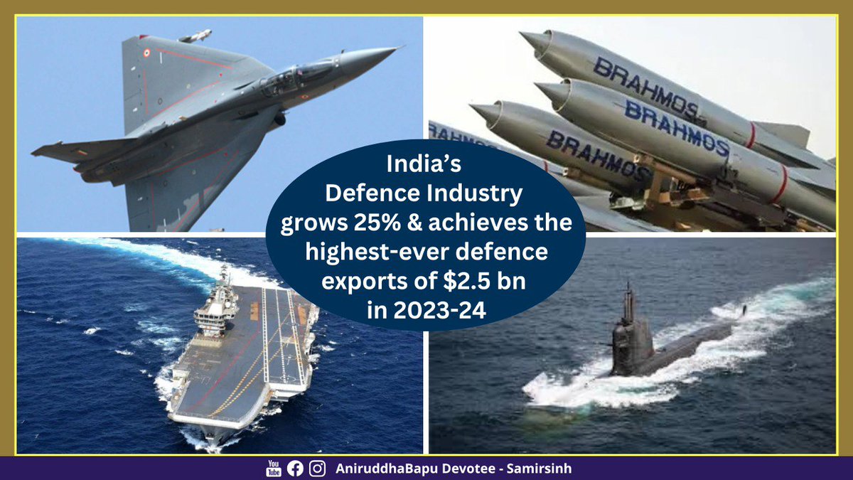 samirsinh189's tweet photo. India’s #DefenceIndustry grows 25% & achieves the highest-ever #DefenceExports of $2.5 bn in 2023-24, reveals Economic Survey 2023-24. About 100 Indian companies are now exporting a wide range of #DefenceEquipment.

With this, India continues to be among the ‘#Top25 Defence Exporters’ nations in the world.

Moreover, to augment #AatmanirbharDefence, #Budget2024 has given the highest allocation, about 13% of the total, to the Defence Ministry with ₹1,72,000 cr earmarked to strengthen Armed Forces capabilities, ₹1,05,518 cr for domestic capital procurement. In addition, ₹518 cr is allocated to the iDEX scheme to fund technological solutions by startups, MSMEs & innovators, which will expand the #StartupEcosystem in Defence.

India boosting its #NationalSecurity as well as defence industry through #MakeInIndia.
