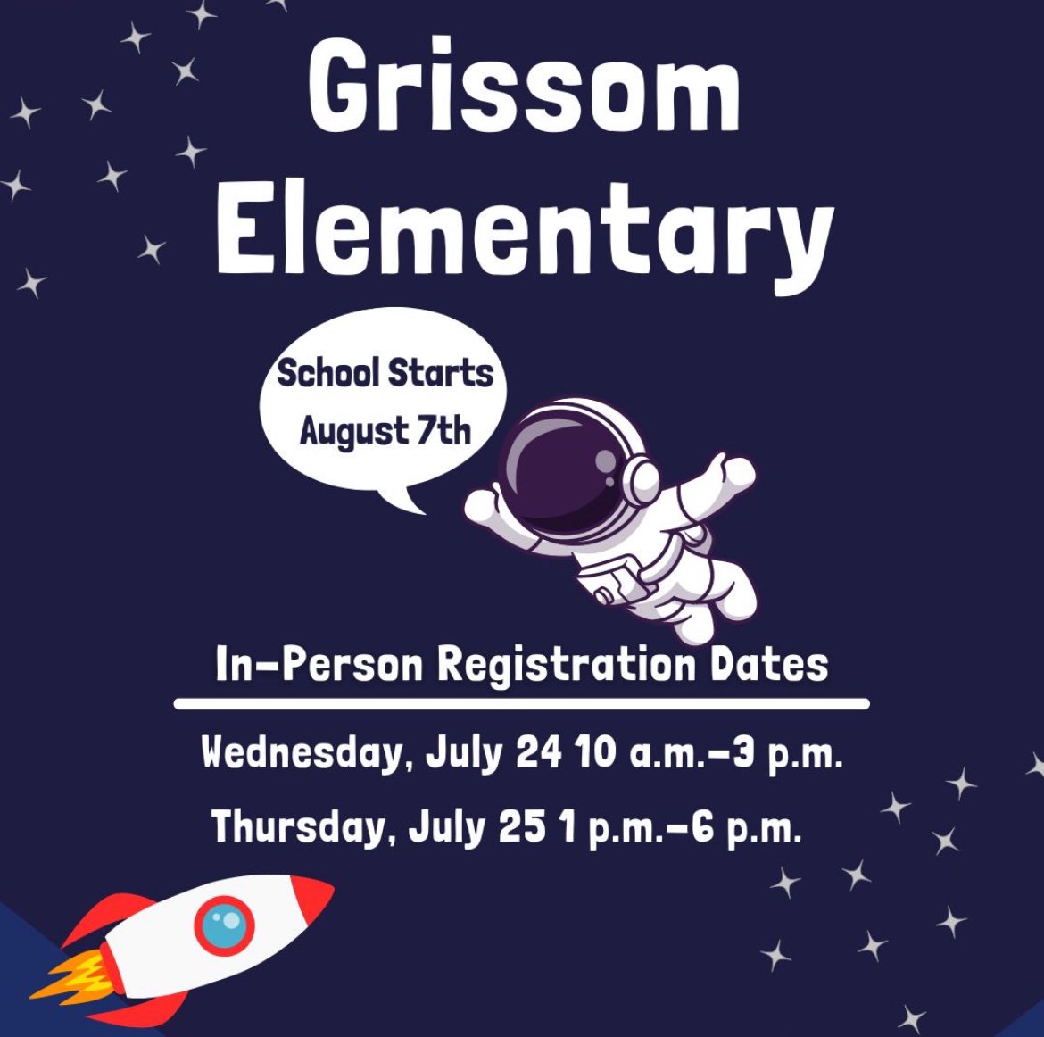 Grissom_MCS's tweet photo. We are so excited and getting ready for another fabulous school year! Check out our images below for upcoming events. We hope to see you at registration, our back to school bash, and title one open house. 🚀🧑🏼‍🚀 https://t.co/AYwE7G4LUg