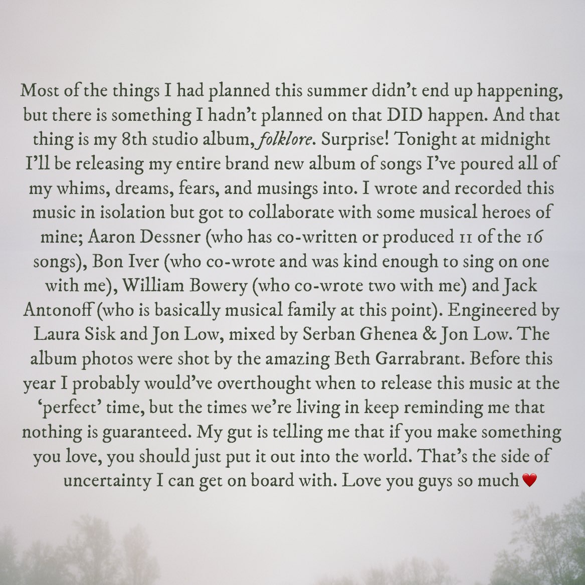 🚨| 4 years ago today, Taylor Swift surprise announced her highly acclaimed 8th studio album "folklore"!