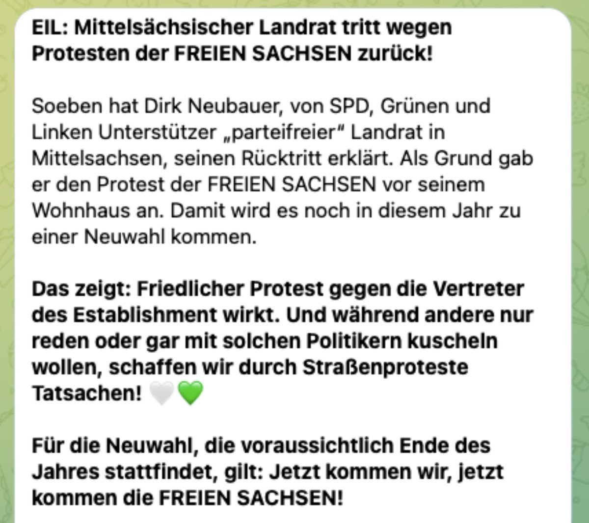 polenz_r's tweet photo. Die rechtsextremistischen „Freien Sachsen“ feiern, dass sie einen demokratisch gewählten Landrat durch Hetze und Drohungen aus dem Amt gemobbt haben. Wo bleibt die Solidarität der sächsischen Demokraten? Wer die Demokratie nicht verteidigt, wird sie verlieren. https://t.co/rln1oti3bL