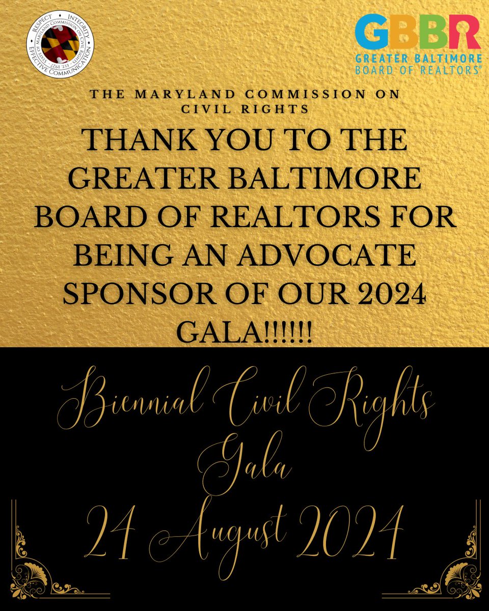 Thank you to the Greater Baltimore Board of Realtors for their unwavering support. We are excited to see you all this August!

There is still time to purchase your Gala Ticket for our 2024 Biennial Gala. For tickets, visit mccr.maryland.gov/Pages/Gala2024…

#MCCRGala #Gala2024 #CivilRights