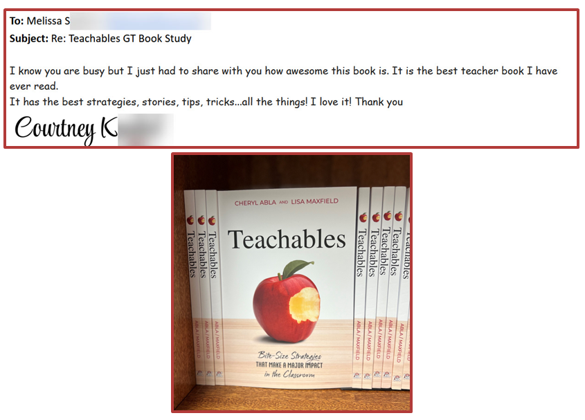 Received an email from the coordinator of a #Teachables book study! It’s incredible to know our book is resonating with teachers. 📕💖
Available on Amazon: a.co/d/9v2ADLk
<a href="/cherylabla/">🦋Cheryl Abla🦋</a> <a href="/dbc_inc/">Dave Burgess Consulting, Inc.</a> <a href="/burgessdave/">Dave Burgess</a> <a href="/TaraMartinEDU/">Tara M Martin</a> <a href="/MelissaSaphos/">Melissa Saphos</a> #tlap #dbcincbooks #teaching